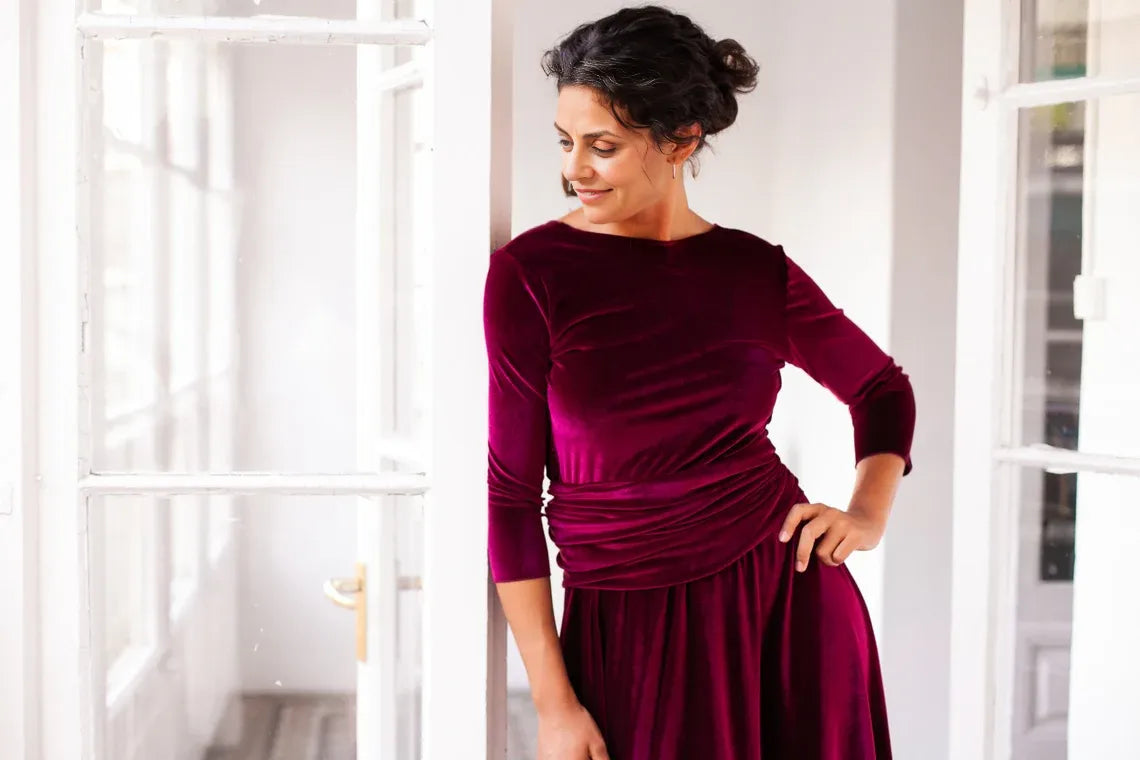 Vestido de terciopelo de manga larga de invierno con cuello en V, vestido largo de dama de honor de invierno, vestido de terciopelo hasta el suelo, vestido de noche